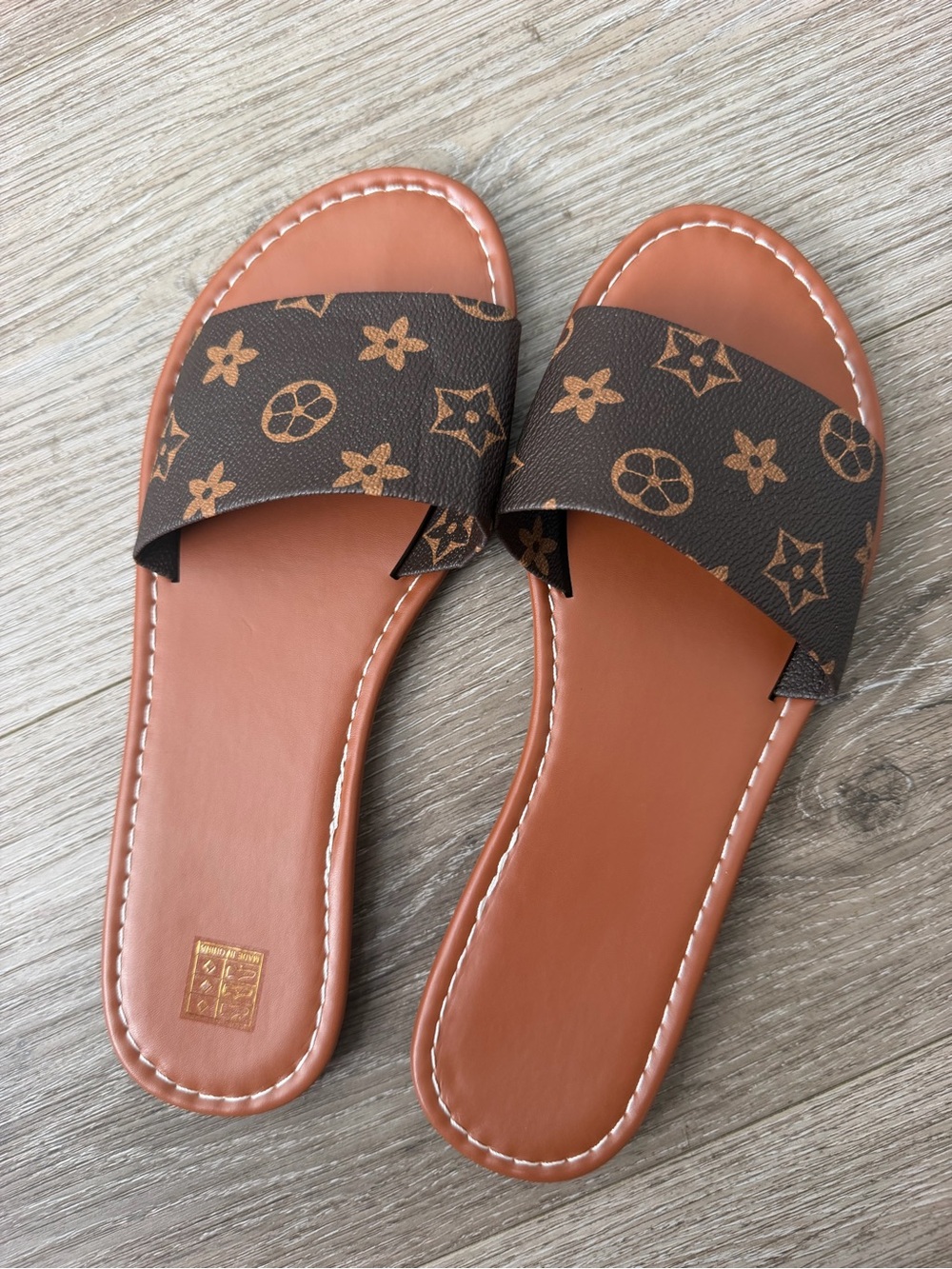 Brown Patterned Slide Sandals - Women